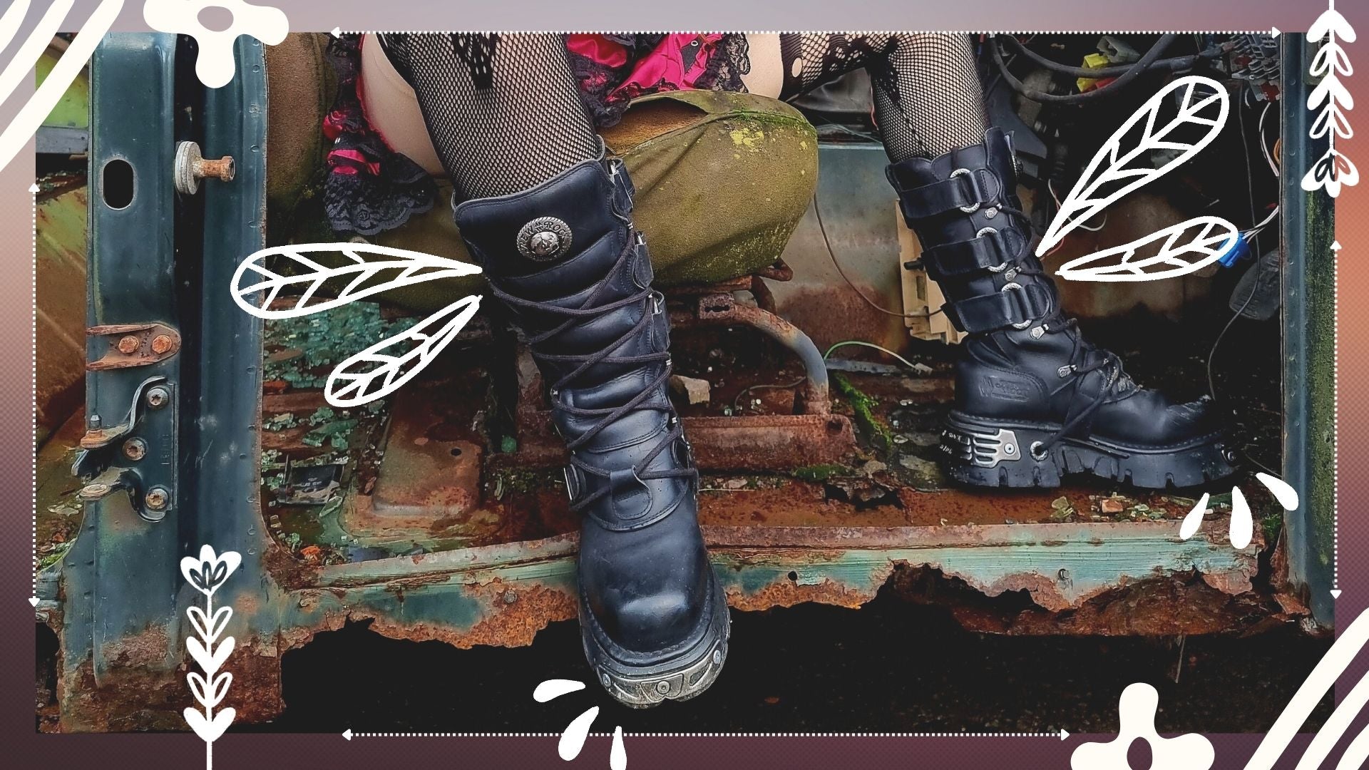 Grunge goblincore girl in stockings and New Rock Boots