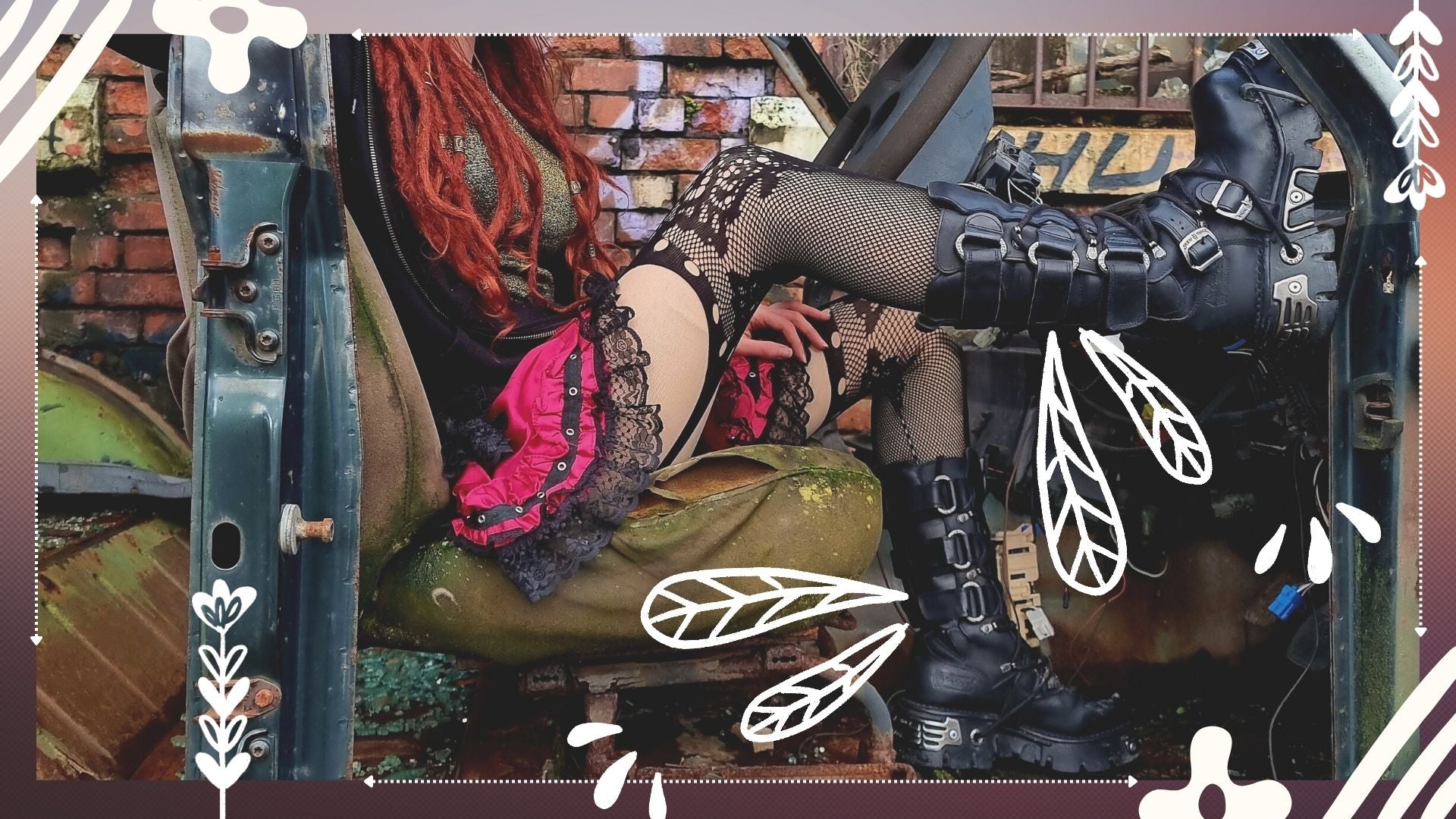 Petite metalhead girl with red dreadlocks in stockings and New Rock Boots at an abandoned location