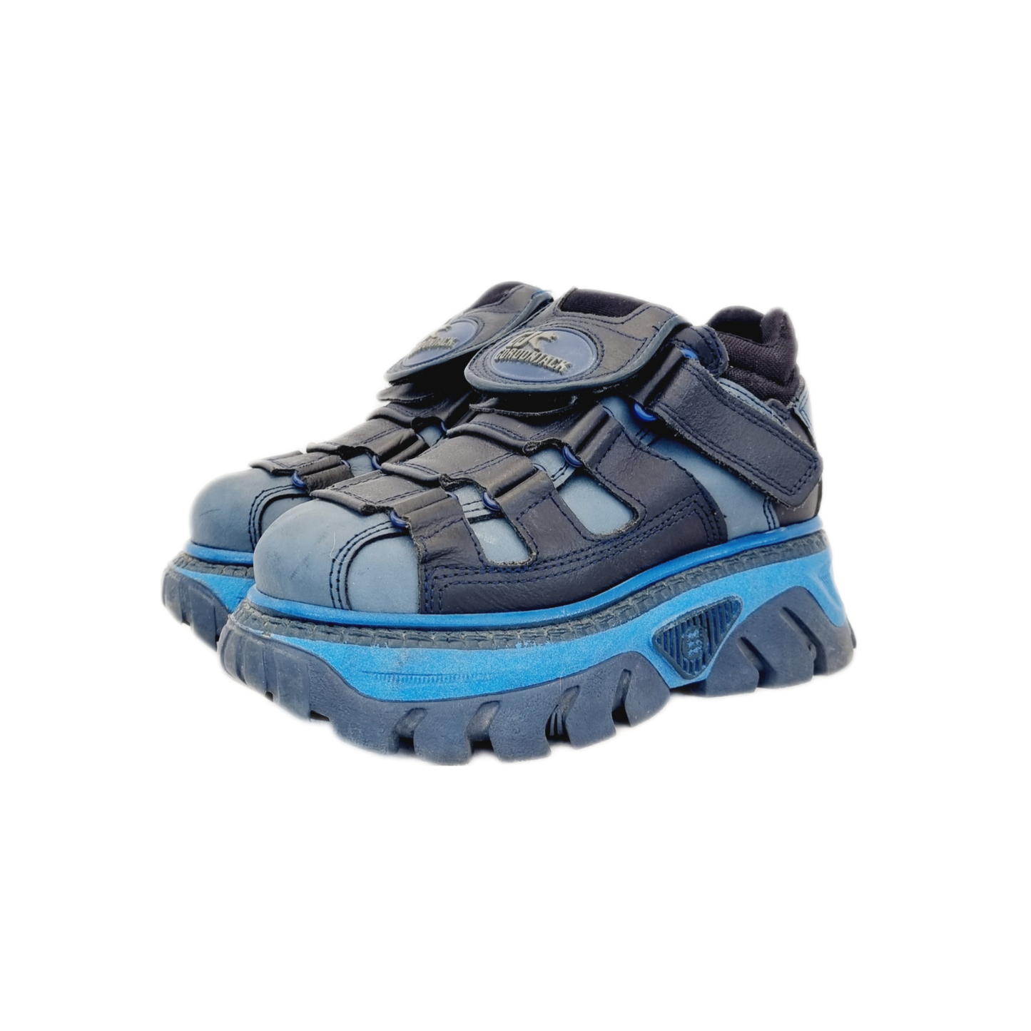 Gordon Jack platforms with hidden lace up fronts, velcro adjustments and quality detailing. Dusty pastel blue and cobalt navy blue in colour, these feature chunky platforms. Made of leather and rubber, these originated in the 90s / y2k era.