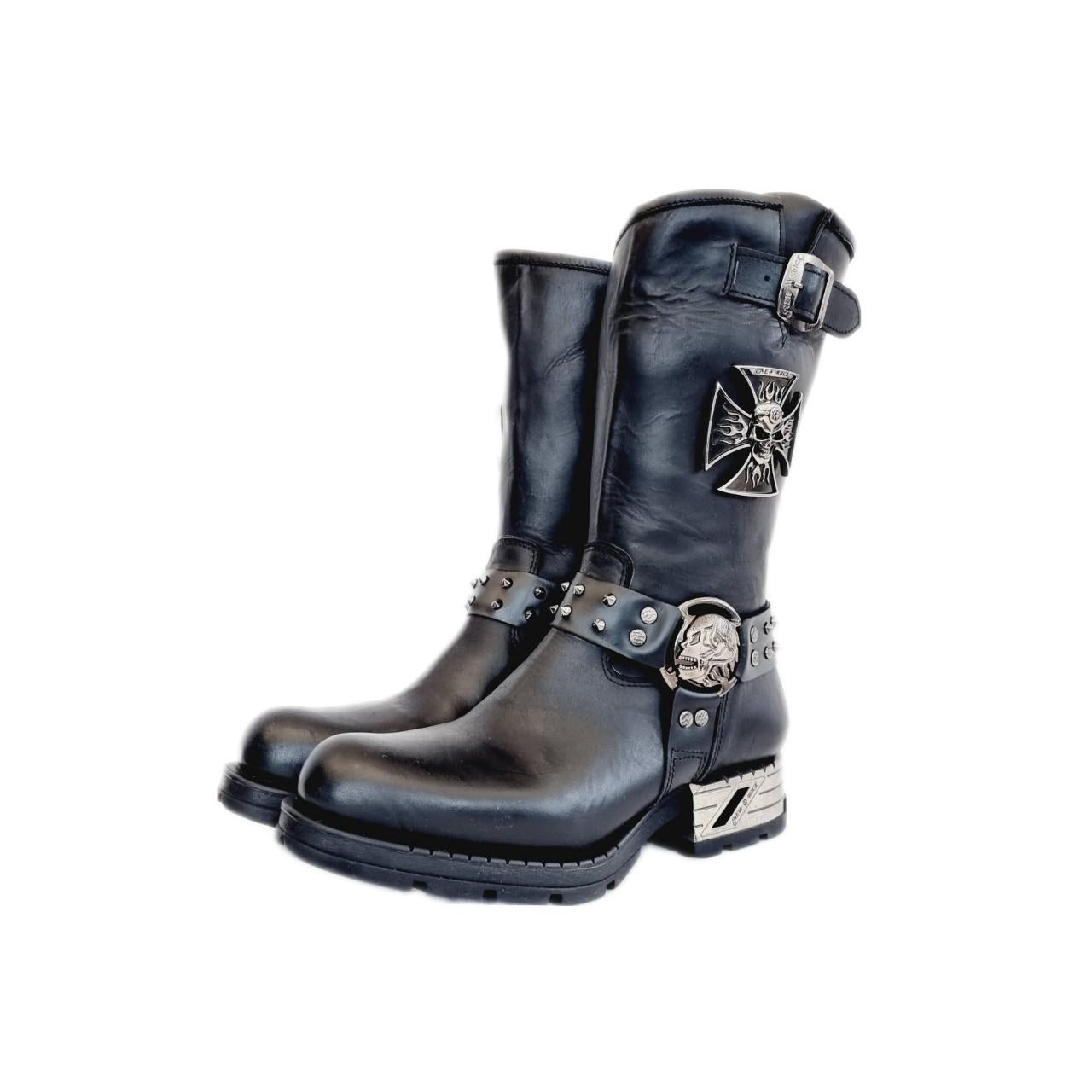 Rare black leather and metal New Rock Boots with buckled straps featuring skull buckles, decorative studded straps, iron cross features, zips and rivets. Unlike most new rocks these are pretty lightweight and don't have huge platforms.