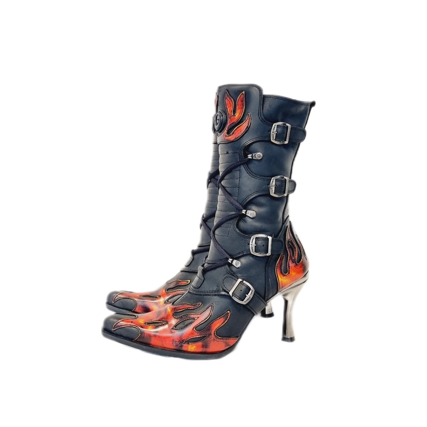 New Rock boots with chunky stiletto heels, pointed toes and lace up fronts. They feature a black and red flame design at different sections across the leather. The buckles and laces are fully adjustable, but there are also inner zips for ease of use.