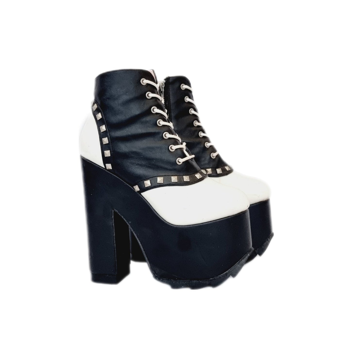 Black and white leather lace up heeled boots with huge platforms by Demonia. The platform is pretty lightweight as they go, with grippy detailing to the soles and silver studded decoration.