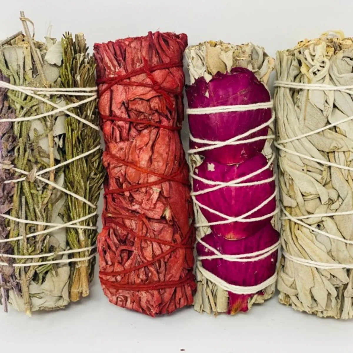 All Natural and 100% Organic. Each stick is approximately 4 inches long. Sage Variety Pack consisting of the following: Rosemary & Lavender with White Sage Dragon Blood (White Sage with Dragon Blood Resin) Rose with White Sage White Sage Only