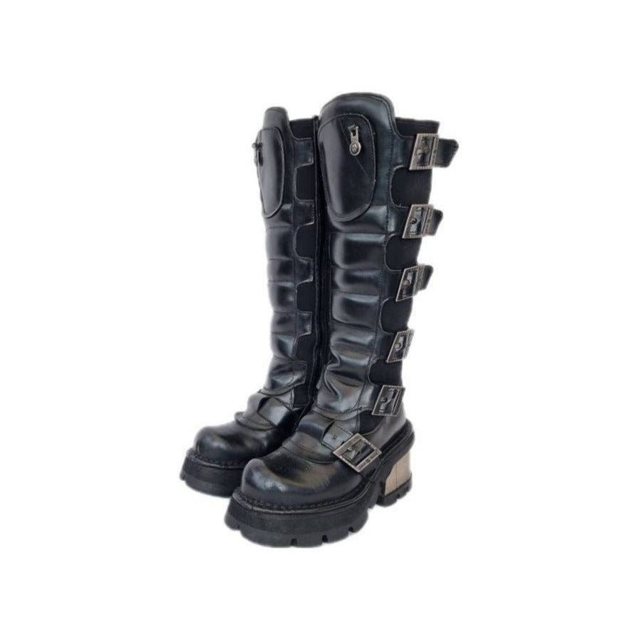 EU 36 / UK 3 Black Leather Knee High Buckled Chunky Platform New Rock Boots