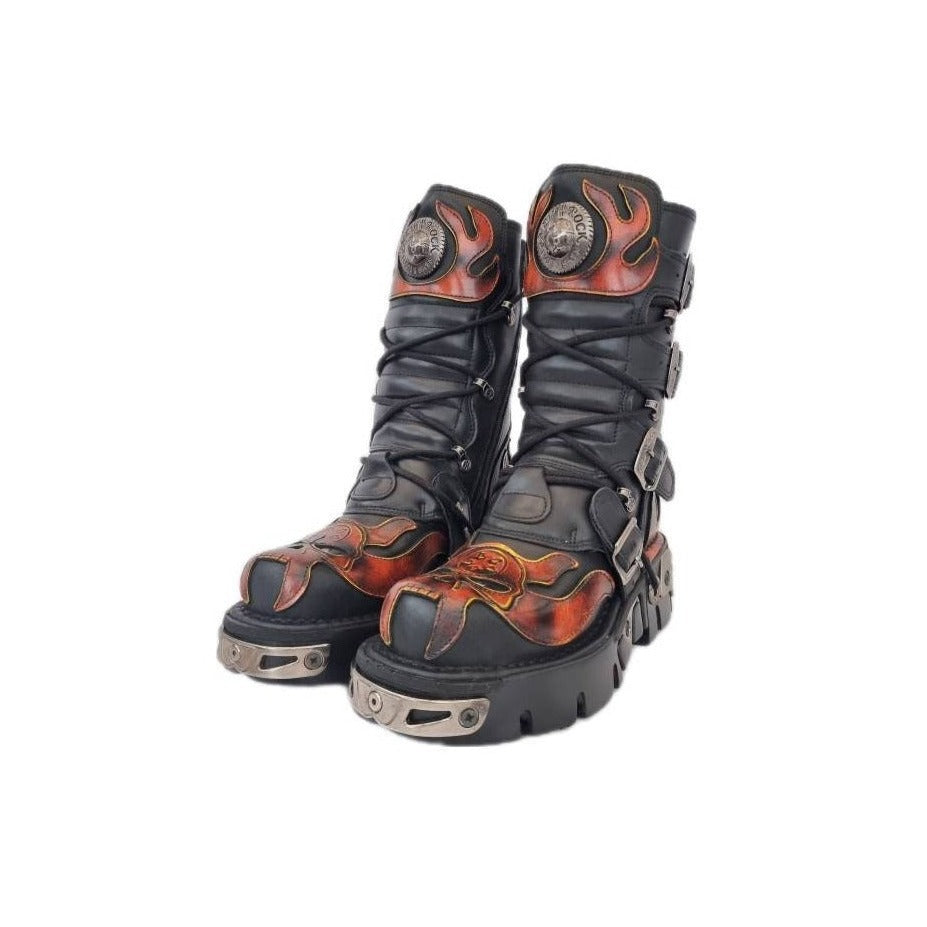 EU 37 / UK 4 Black and Red Leather Demon Skull Buckled Platform New Rock Boots