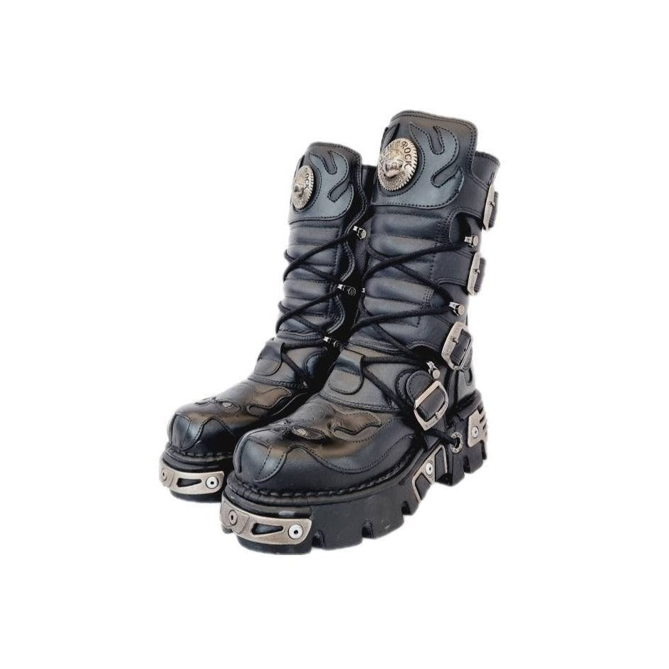 EU 36 / UK 3 Black Leather Devil Skull Lace Up Buckled Platform New Rock Boots