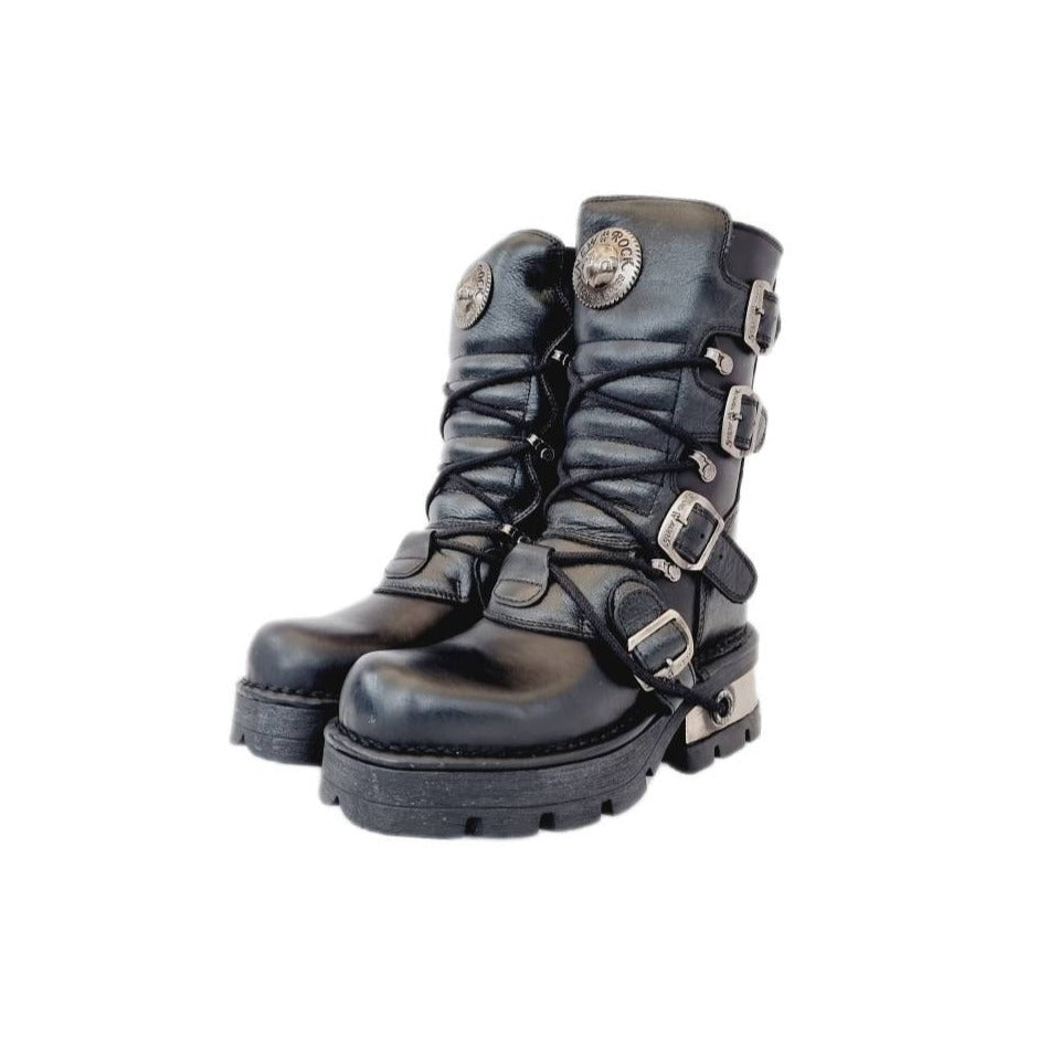 EU 36 / UK 3 Black Leather New Rock Boots with Chunky Silver Platform Heels