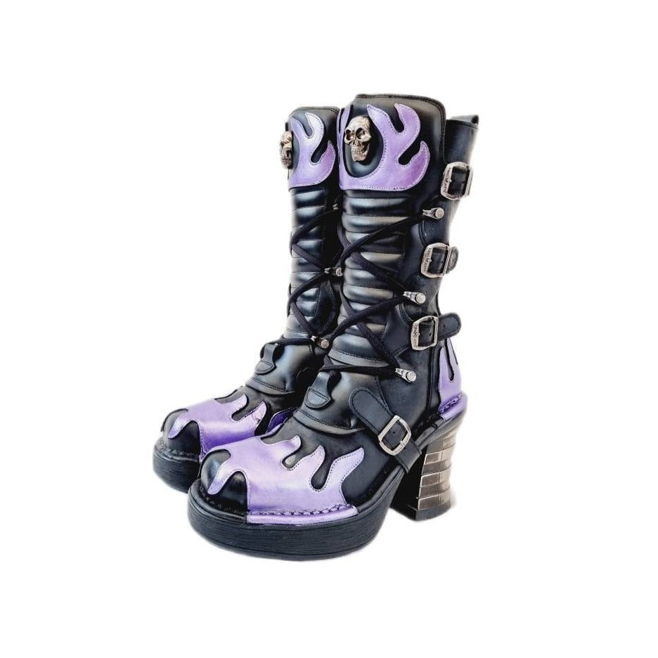 EU 39 / UK 6 - Black and Purple Knee High Leather Flame Design New Rock Boots with Chunky Metal Block Heels