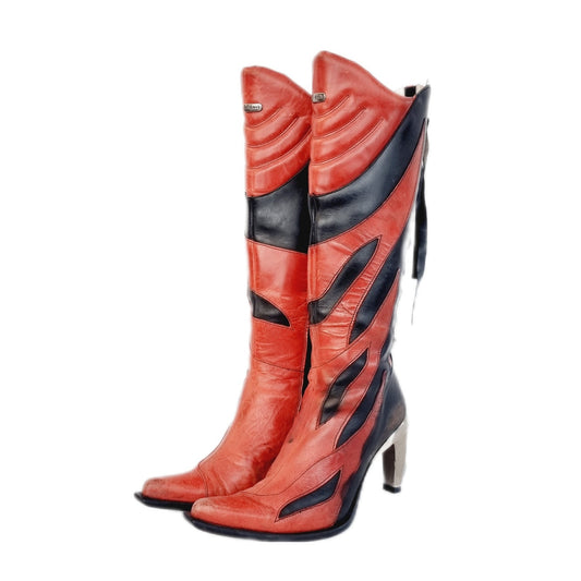 EU 39 / UK 6 New Rock Boots - Black and Red Tribal Corset Knee High Stiletto Heels