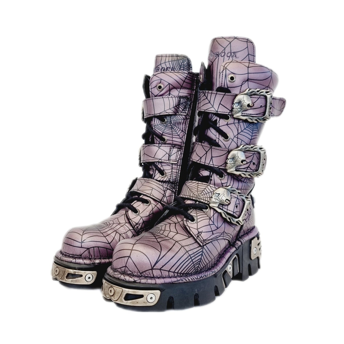 EU 38 / UK 5 New Rock Boots Black & Purple Silver Spider Cobweb Skull Buckle Straps Goth Punk Grunge Combat Biker Chunky Shoes