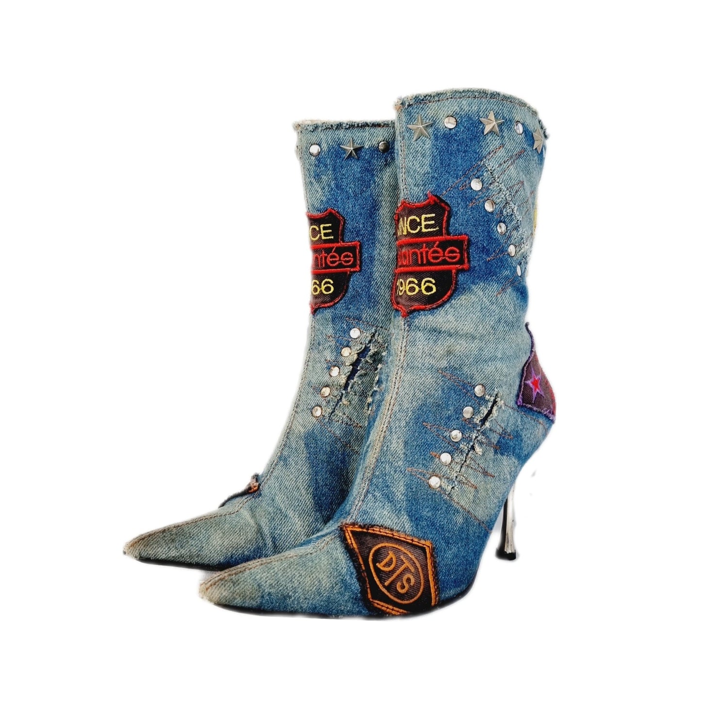 EU 38 / UK 5 El Dantes Light Blue Denim Rare Vintage 90s Y2K Pointed Toe Patchwork Stiletto Boots