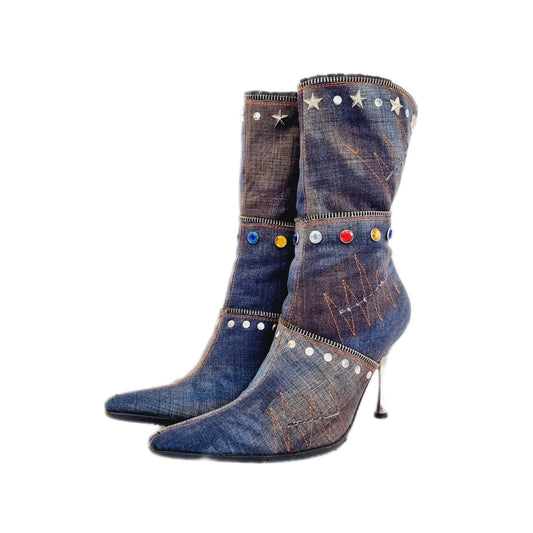 EU 38 / UK 5 El Dantes Light Blue Denim Rare Vintage 90s Y2K Pointed Toe Patchwork Stiletto Boots