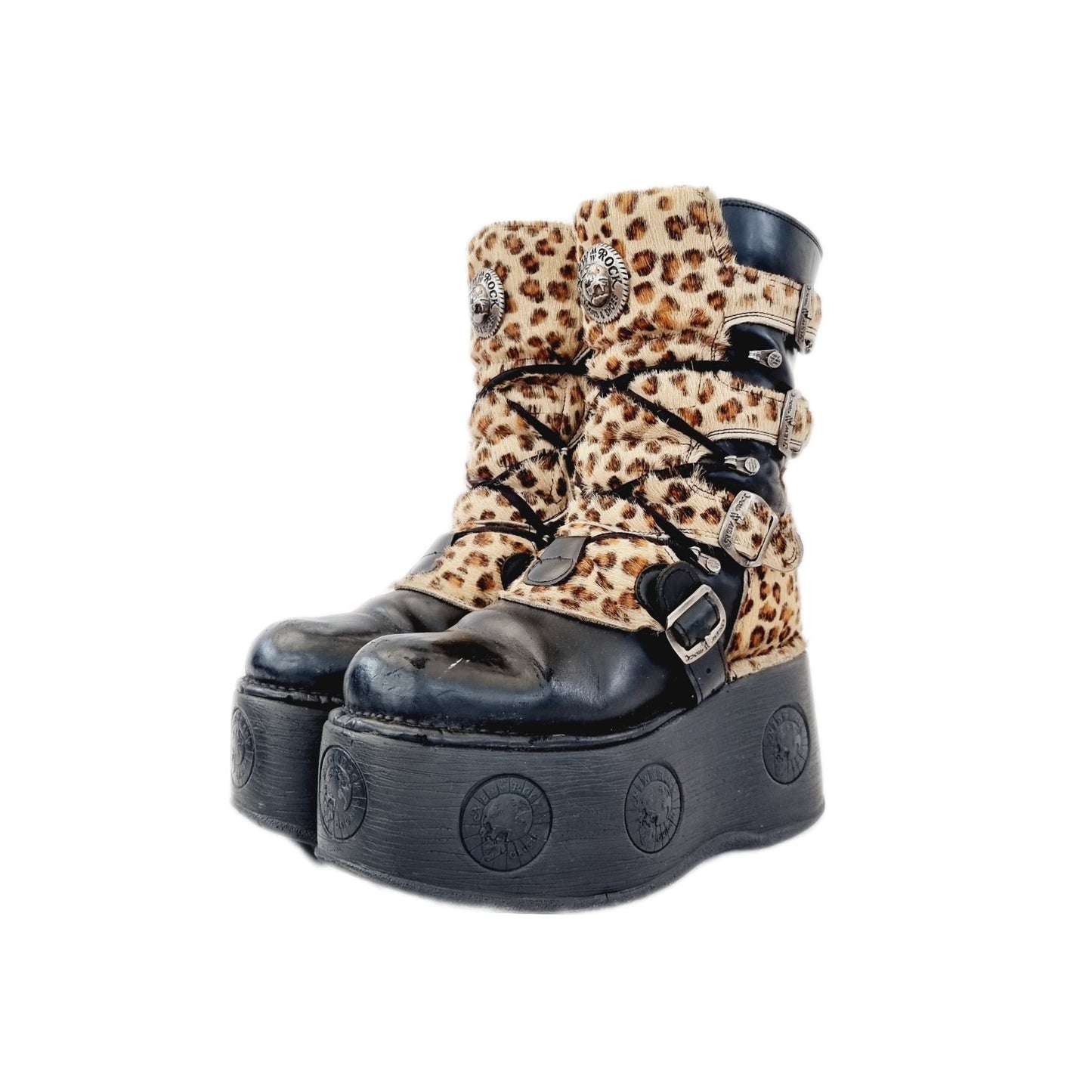 Rare leather and metal buckled New Rock Boots with buckled straps, huge platforms and a textural leopard print pattern hide layer. 