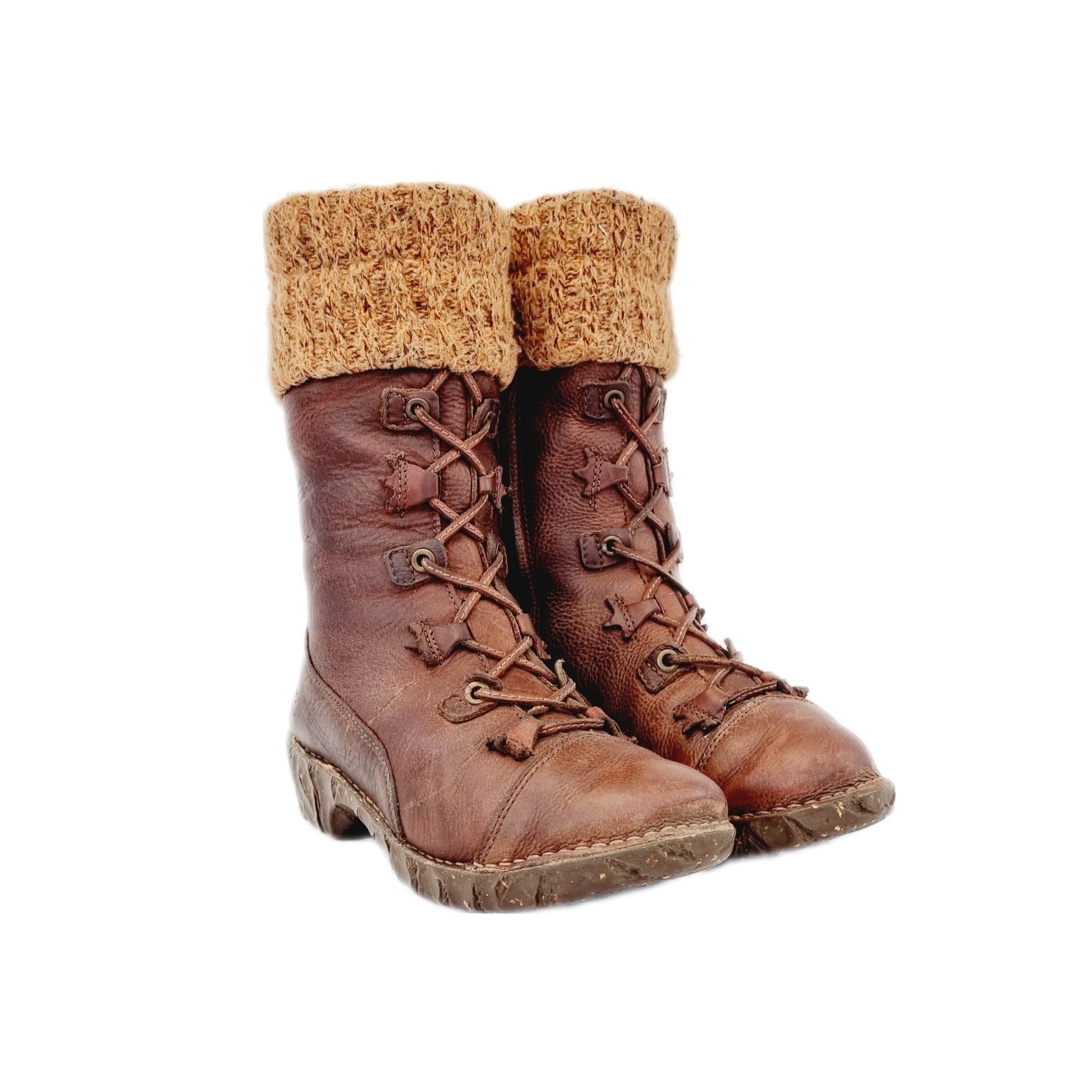 Rare vintage brown leather boots by El Naturalista with adjustable lace up fronts, knitted legwarmer style cuffs and excellent quality grippy rubber anti aquaplaning soles.