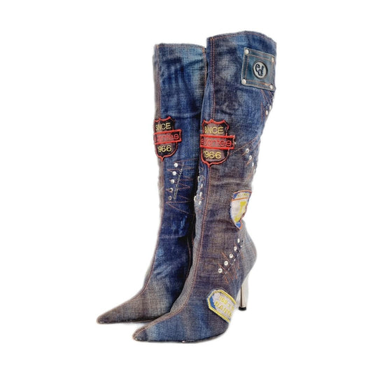 EU 38 / UK 5 El Dantes Dark Blue Denim Rare Vintage 90s Y2K Pointed Toe Patchwork Knee High Stiletto Boots