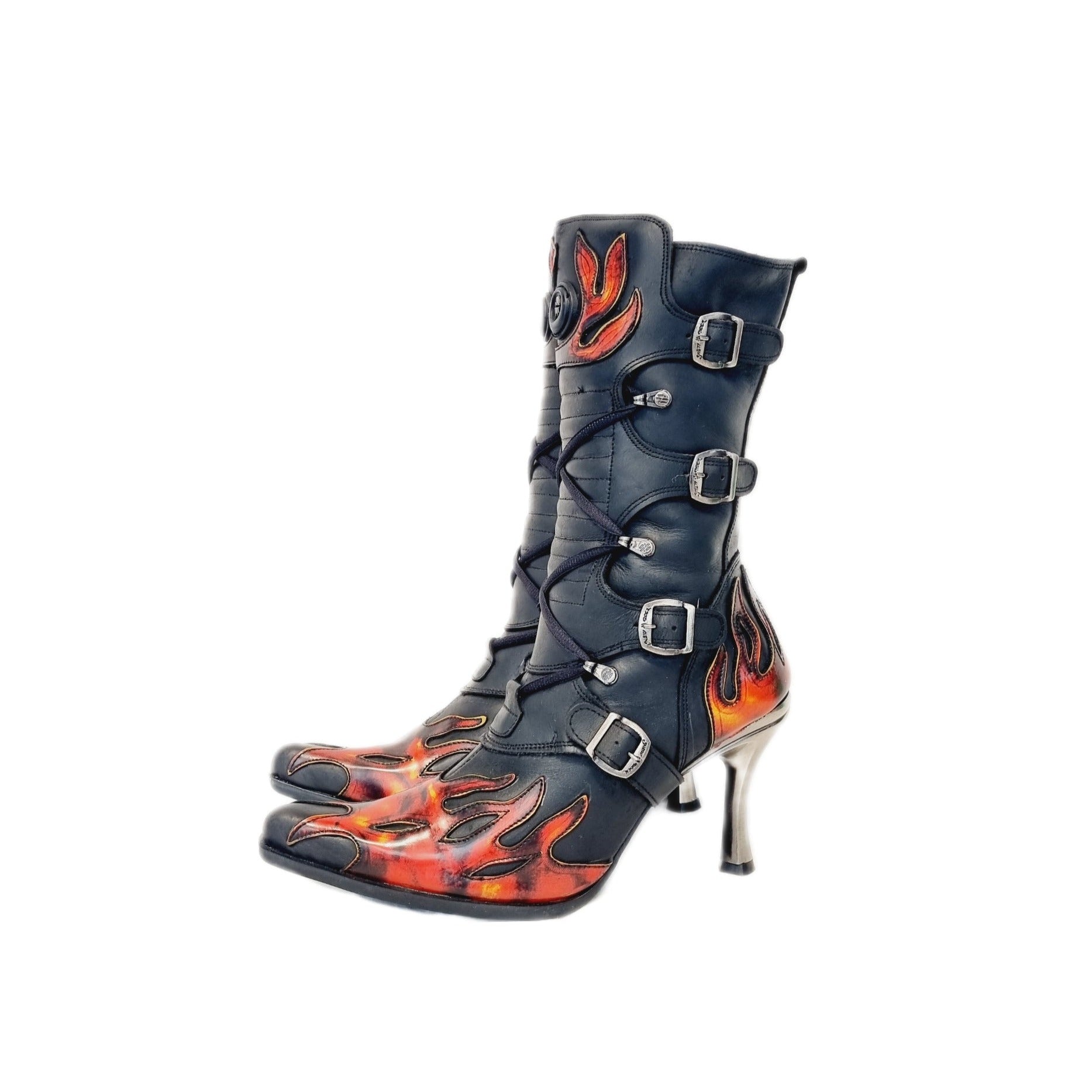 New Rock boots with chunky stiletto heels, pointed toes and lace up fronts. They feature a black and red flame design at different sections across the leather. The buckles and laces are fully adjustable, but there are also inner zips for ease of use. 