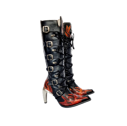 EU 37 / UK 4 Dieselpunk Malicia Knee High Black and Red Flame Design Leather New Rock Boots with Pointed Toes and Stiletto Heels