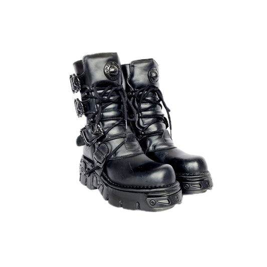 EU 38 / UK 5 - Black Leather Skull Buckle Platform New Rock Boots