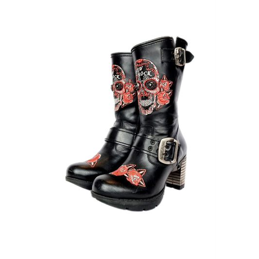 EU 38 / UK 5 - Black and Silver Leather Embroidered Day of the Dead Sugar Skull Platform New Rock Boots