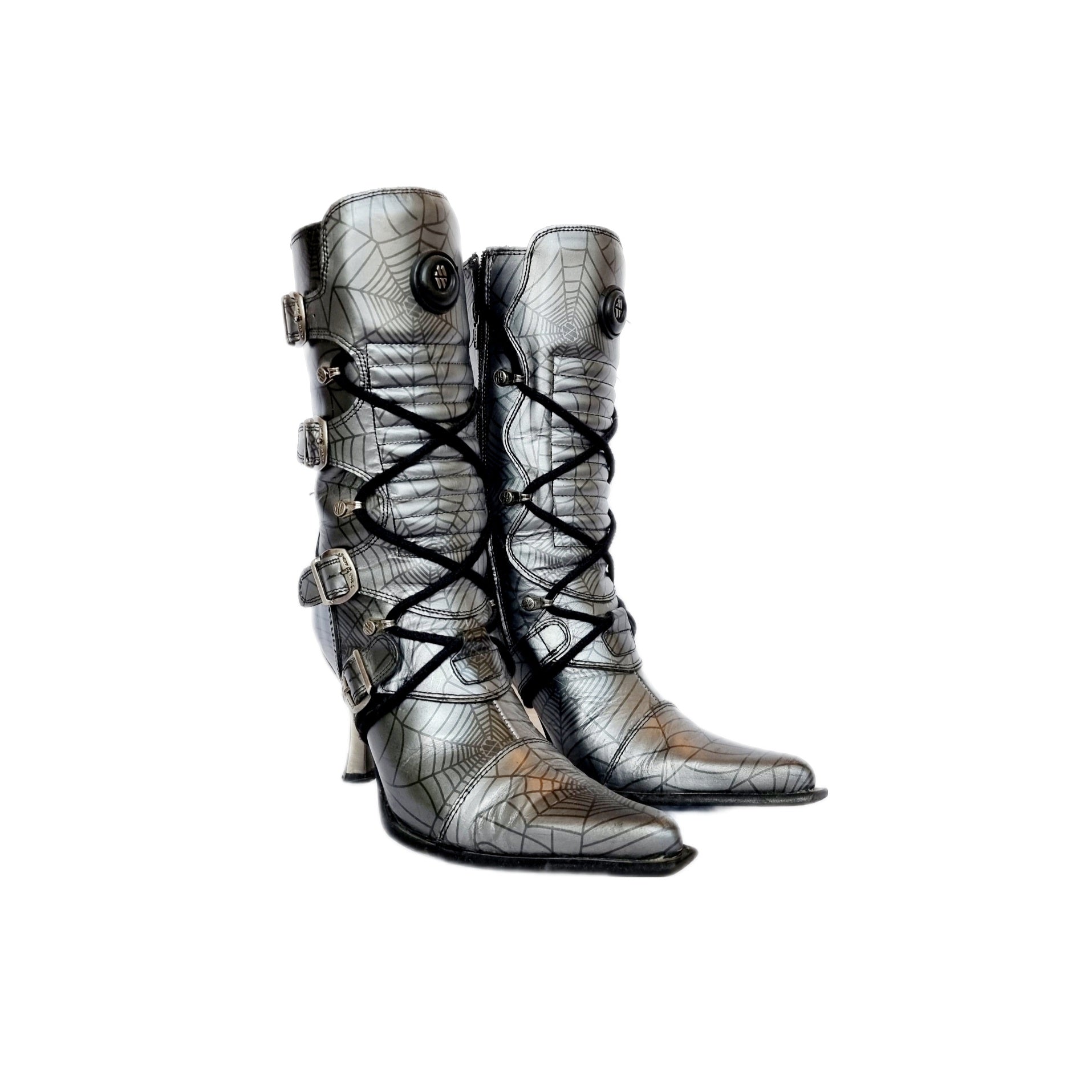 EU 37 / UK 4 Dieselpunk Malicia Silver and Black Spider Cobweb Leather New Rock Boots with Pointed Toes and Stiletto Heels