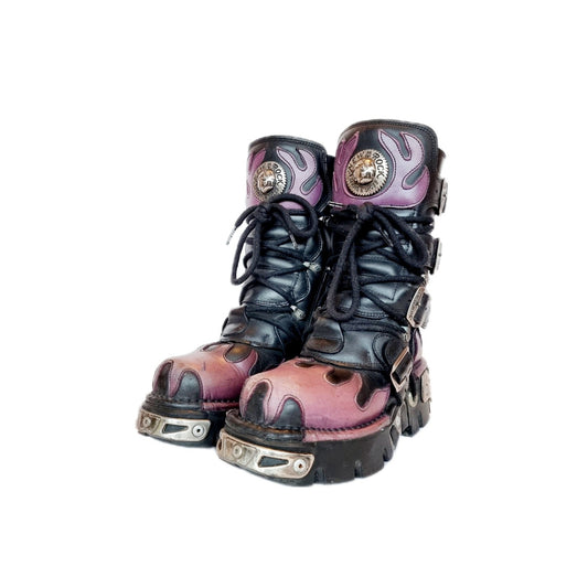 EU 36 / UK 3 Black and Purple Fire Flame Design New Rock Boots