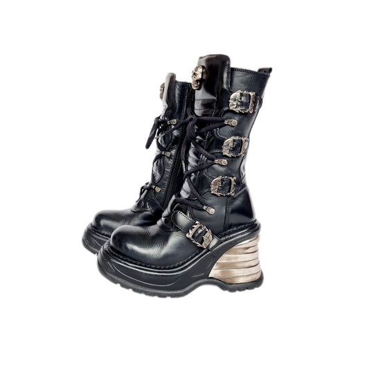 EU 38 / UK 5 - Black and Silver Leather Platform New Rock Boots with Skull Details