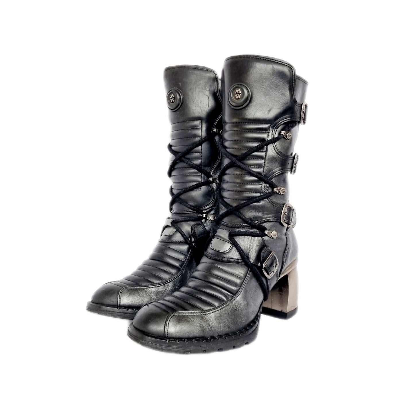 EU 39 / UK 6 - Black and Silver New Rock Boots with Chunky Metal Block Heels