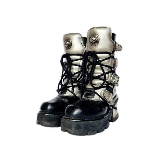 EU 38 / UK 5 - Black and Silver Leather Platform New Rock Boots