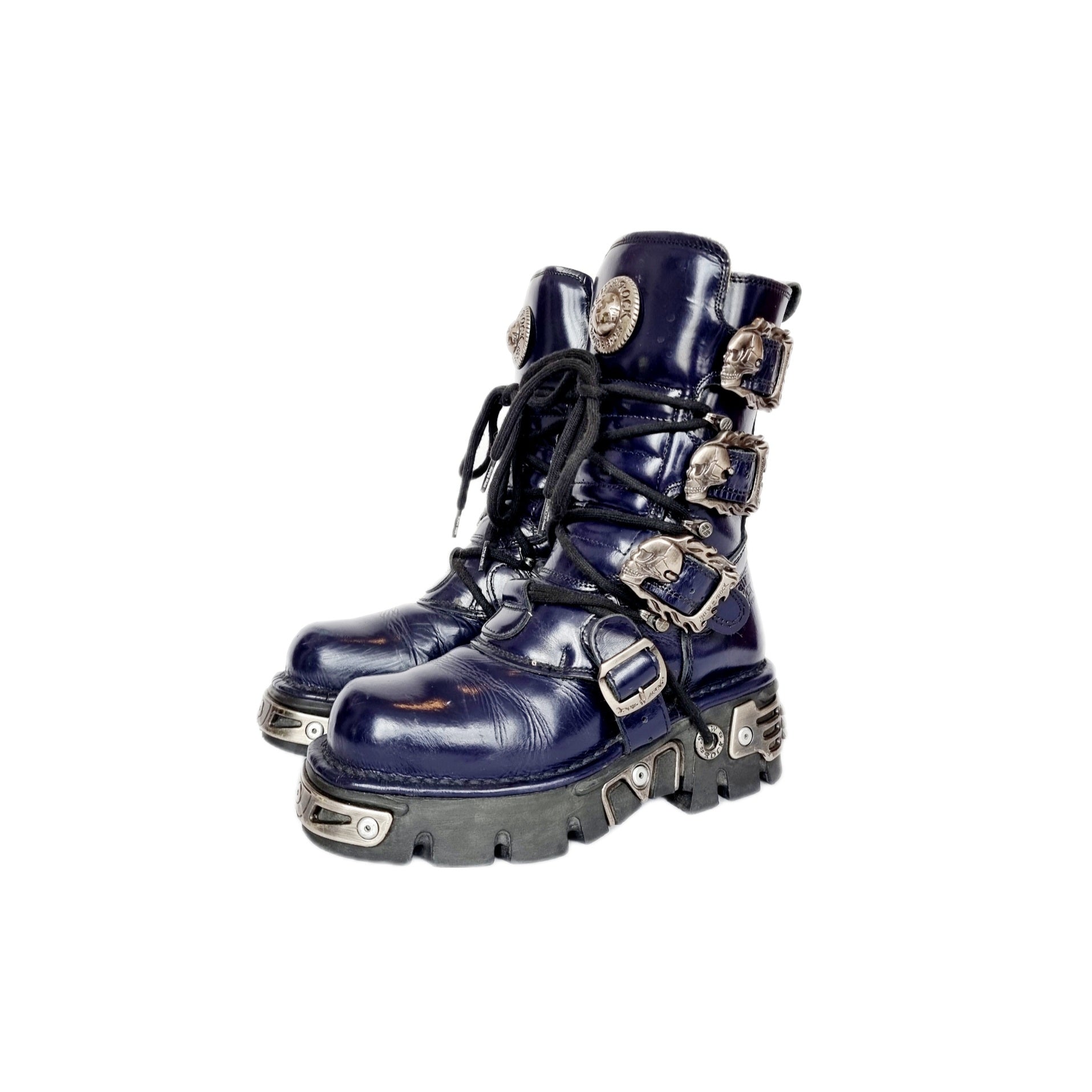 EU 38 / UK 5 Navy Blue and Silver Leather Platform New Rock Boots with Skull Buckle Details