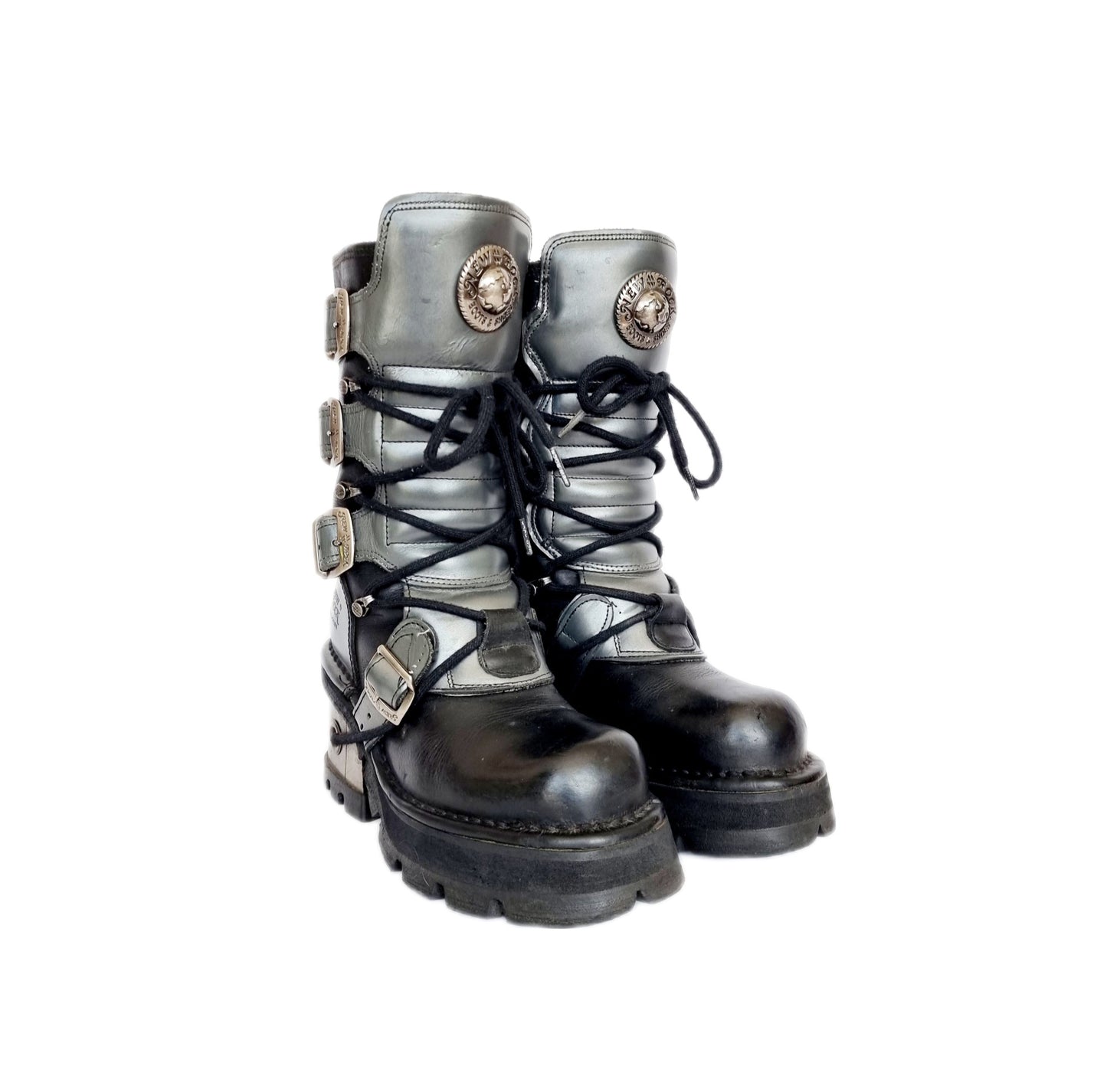 EU 37 / UK 4 Black and Silver Leather Buckled Platform New Rock Boots