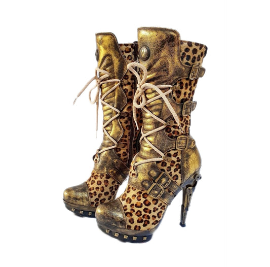 EU 39 / UK 6 - Black and Gold Leopard Print New Rock Boots with Stiletto Heels