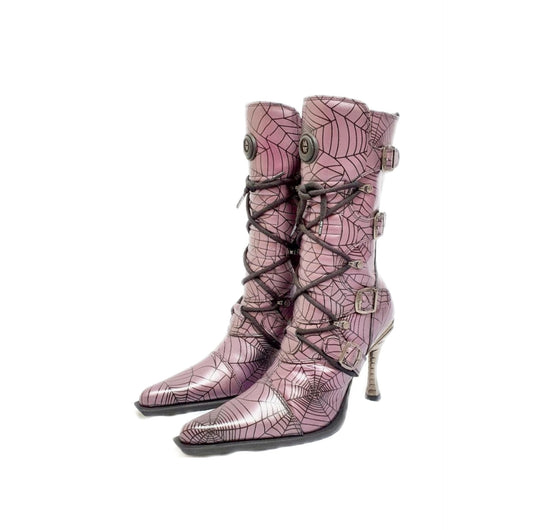 EU 37 / UK 4 Dieselpunk Malicia Lilac and Black Spider Cobweb Leather New Rock Boots with Pointed Toes and Stiletto Heels