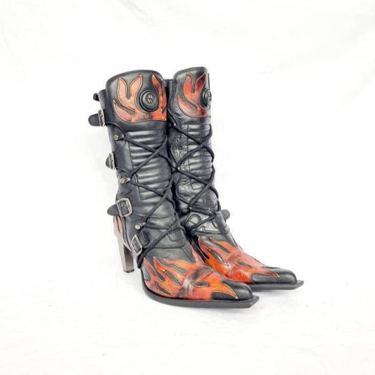 EU 39 / UK 6 - Black and Red Leather Flame Design New Rock Boots with Stiletto Heels