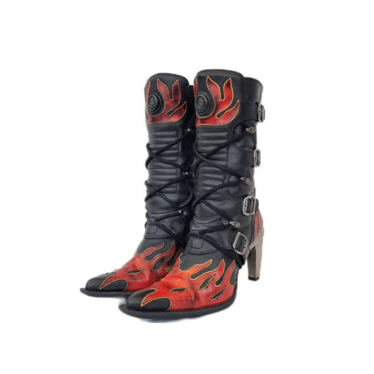 EU 37 / UK 4 Black and Red Leather Flame Design Buckled New Rock Boots with Pointed Toes and Stiletto Heels