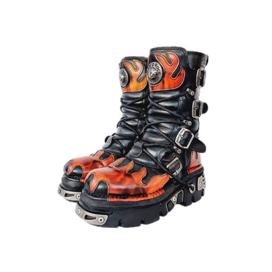 EU 39 / UK 6 Black and Red Leather Flame Design New Rock Boots