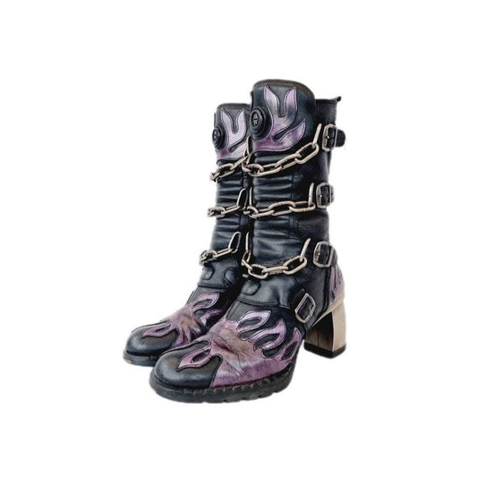 EU 38 / UK 5 - Black and Purple Leather Flame Design New Rock Boots with Chunky Metal Heels and Decorative Chains