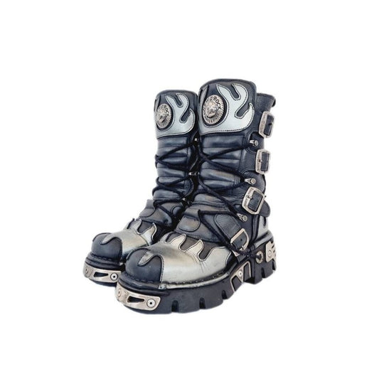 EU 38 / UK 5 - Black and Silver Leather Flame Design New Rock Boots