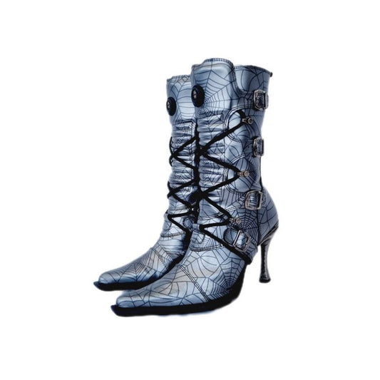 EU 39 / UK 6 - Black and Silver Spider Cobweb Design New Rock Boots with Stiletto Heels