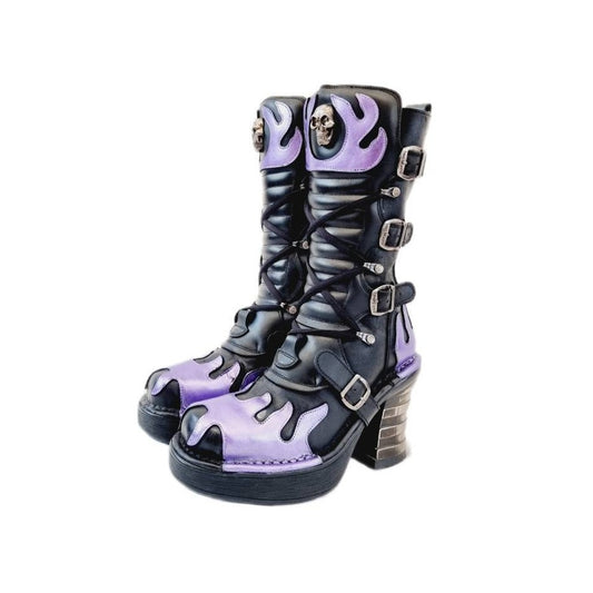 EU 39 / UK 6 - Black and Purple Knee High Leather Flame Design New Rock Boots with Chunky Metal Block  Heels