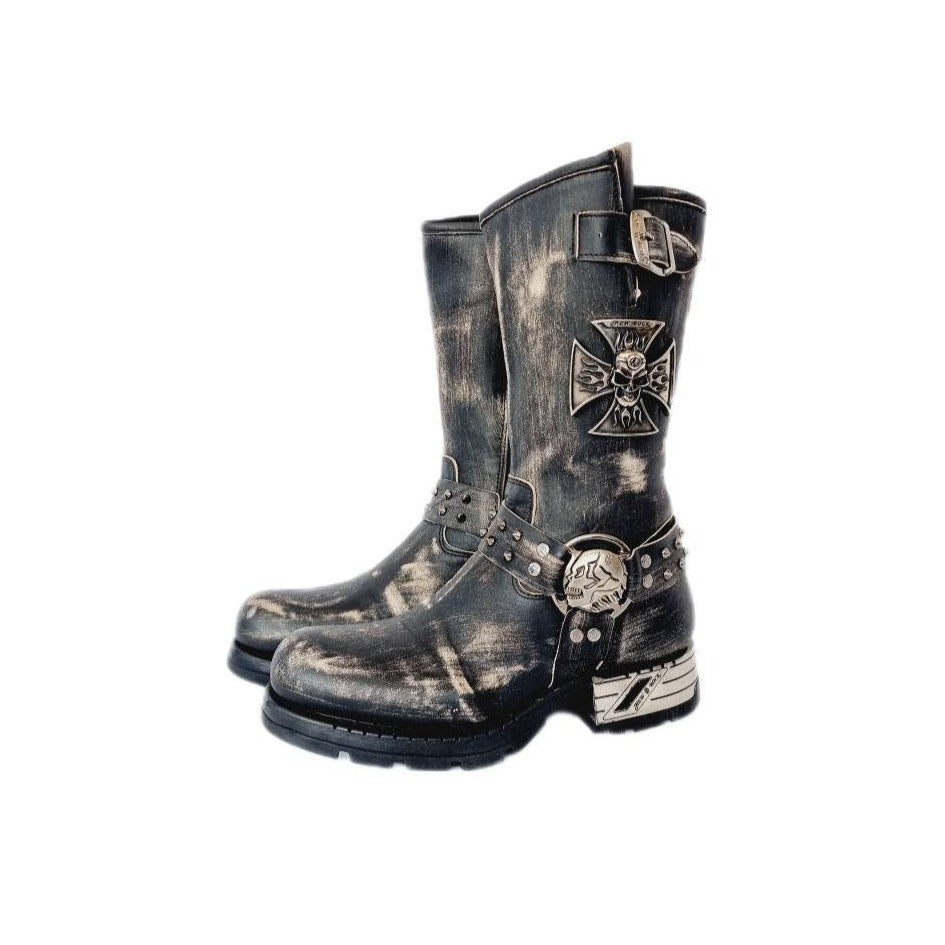 EU 36 / UK 3 Distressed Black and Brown Skull Feature Cowboy Style Studded New Rock Boots