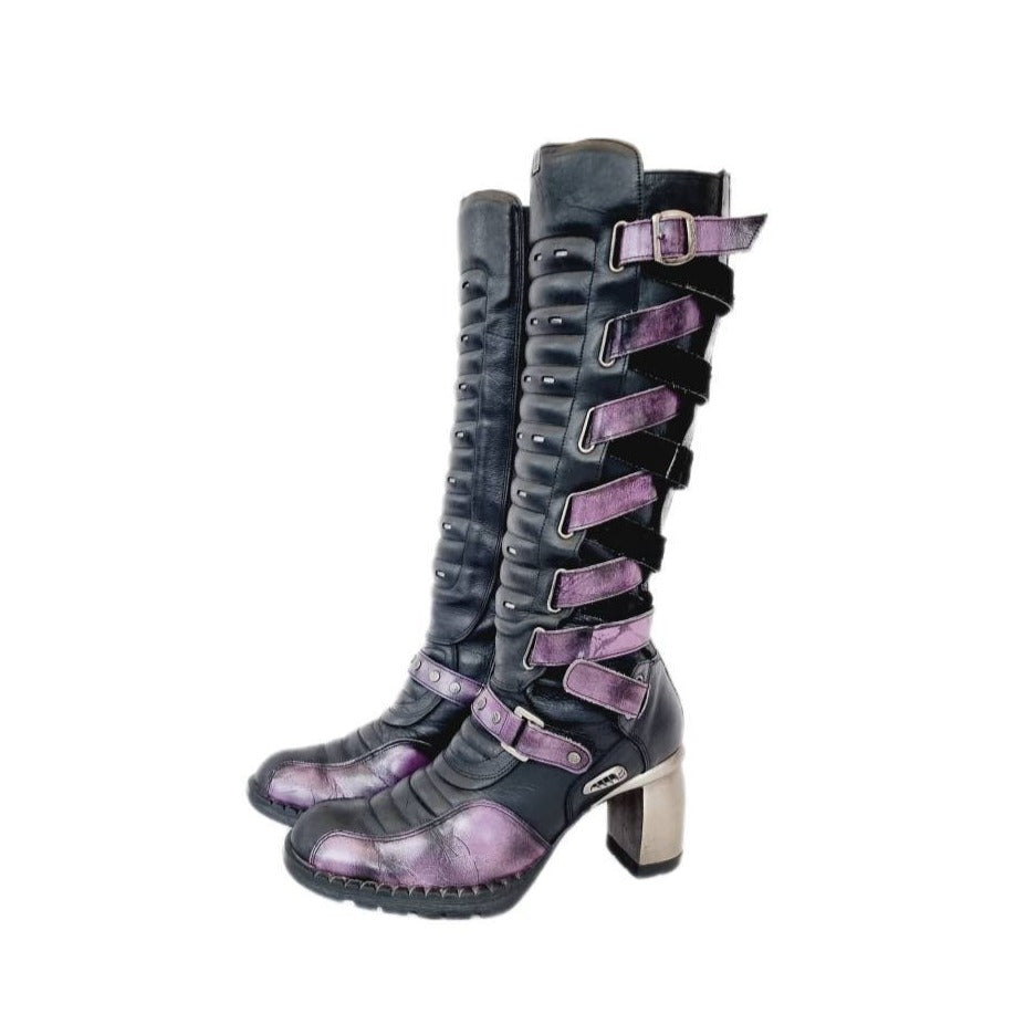 EU 39 / UK 6 - Black and Purple Knee High New Rock Boots with Chunky Metal Block Heels