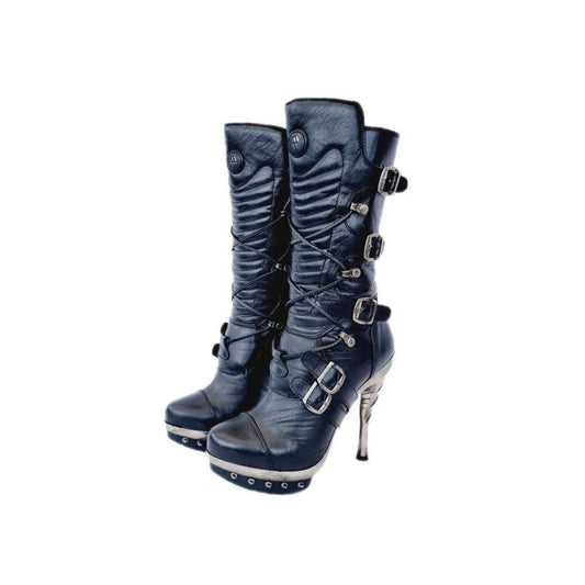 EU 39 / UK 6 - Black and Silver New Rock Boots with Stiletto Heels