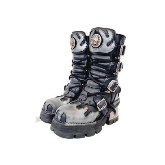 EU 38 / UK 5 - Black and Silver Leather Platform Flame Design New Rock Boots with Chunky Metal Block Heels