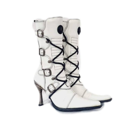 EU 37 / UK 4 Dieselpunk Malicia White Leather New Rock Boots with Pointed Toes and Stiletto Heels